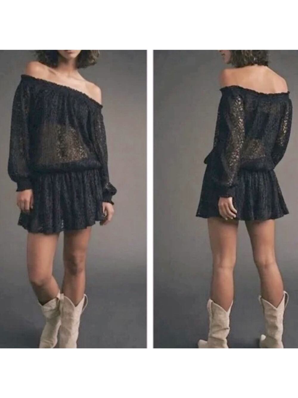 NWT Free People Carina Meadow black lace blouson mini dress with bandeau top, M